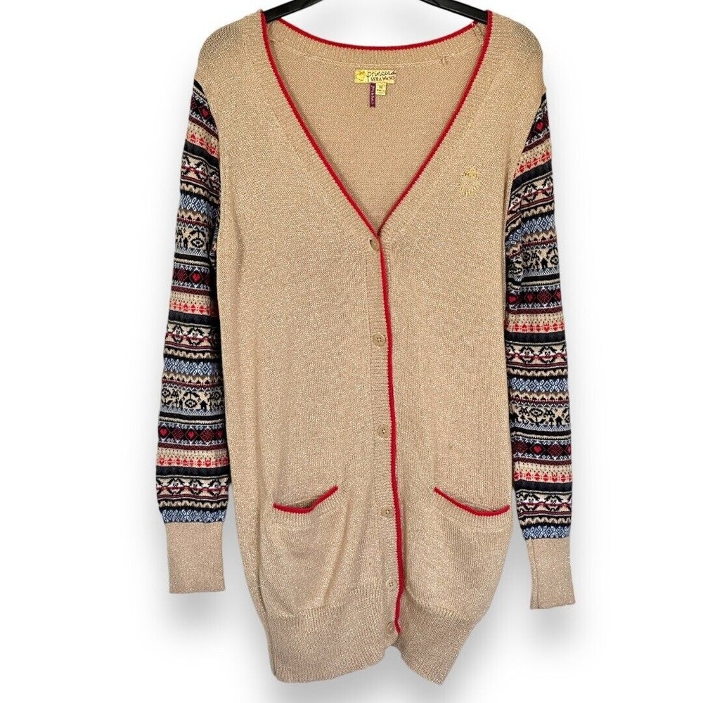 Princess Vera Wang Gold Shimmer Fair Isle Sleeve Oversized Cardigan Sweater Sz M